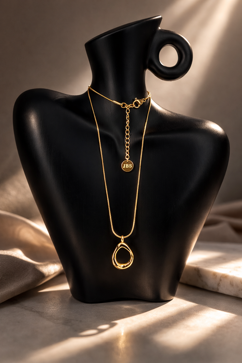 Halo Pendant Necklace non-tarnish waterproof gold pendant in stainless steel displayed on black jewelry bust